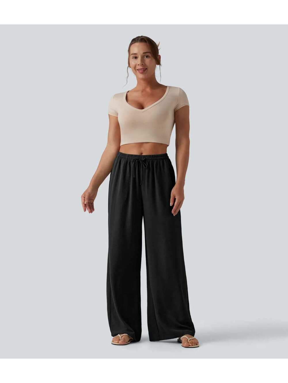 Halara Mid Rise Drawstring Wide Leg Baggy Casual Linen-Feel Pants Black Size M - Picture 8 of 8